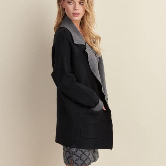 New ONLY Lady Women Contrast Collar Dark Grey Wool Coat with Pocket - Picture 6 of 7